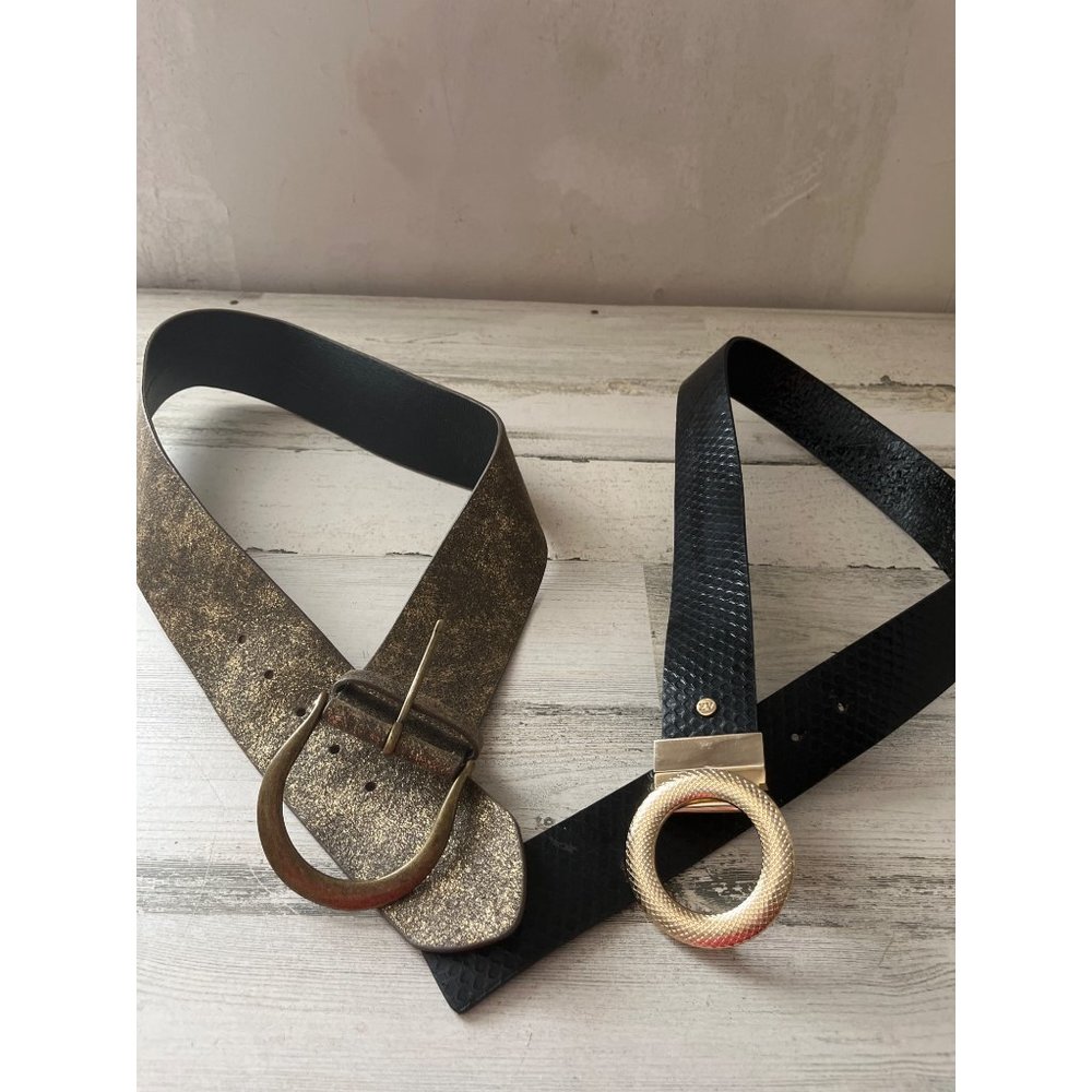 Anne Klein black and gold tone and Chico’s gold iridescent gold tone belt